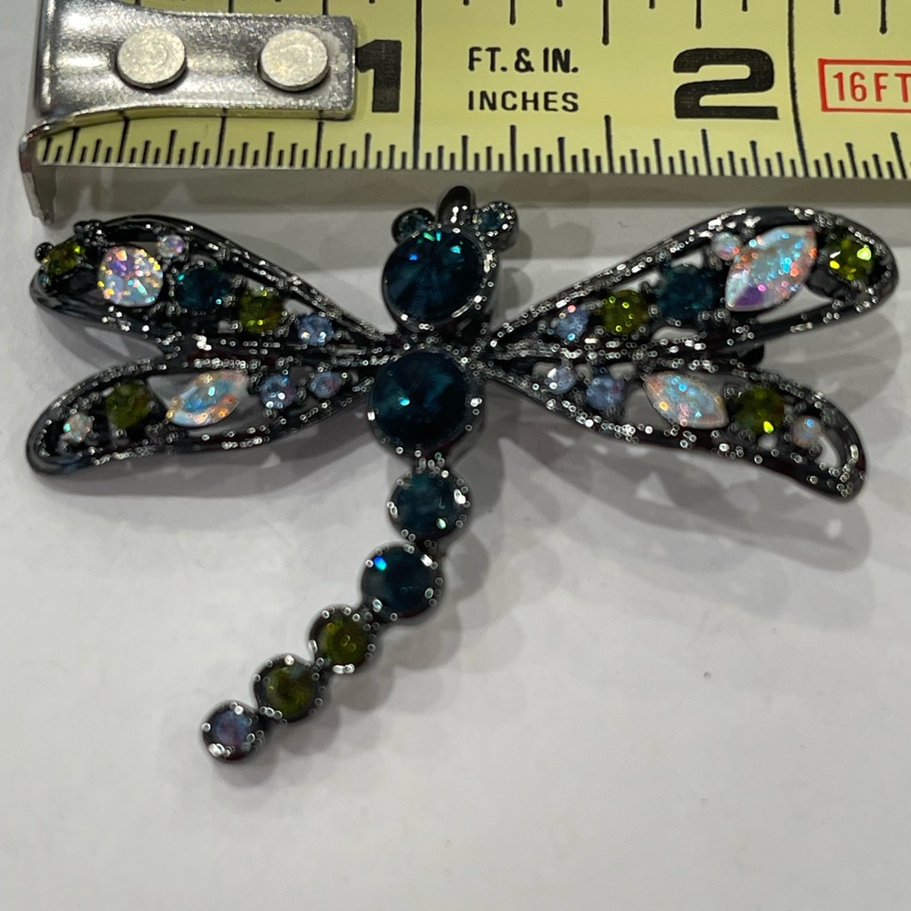 Vintage Multicolor Rhinestone Dragonfly Brooch Black Metal  Has Crown Mark - Picture 8 of 16